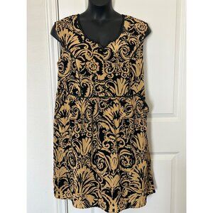 Sleeveless Black & Gold Patterned Dress With Front Pockets & Back Zipper